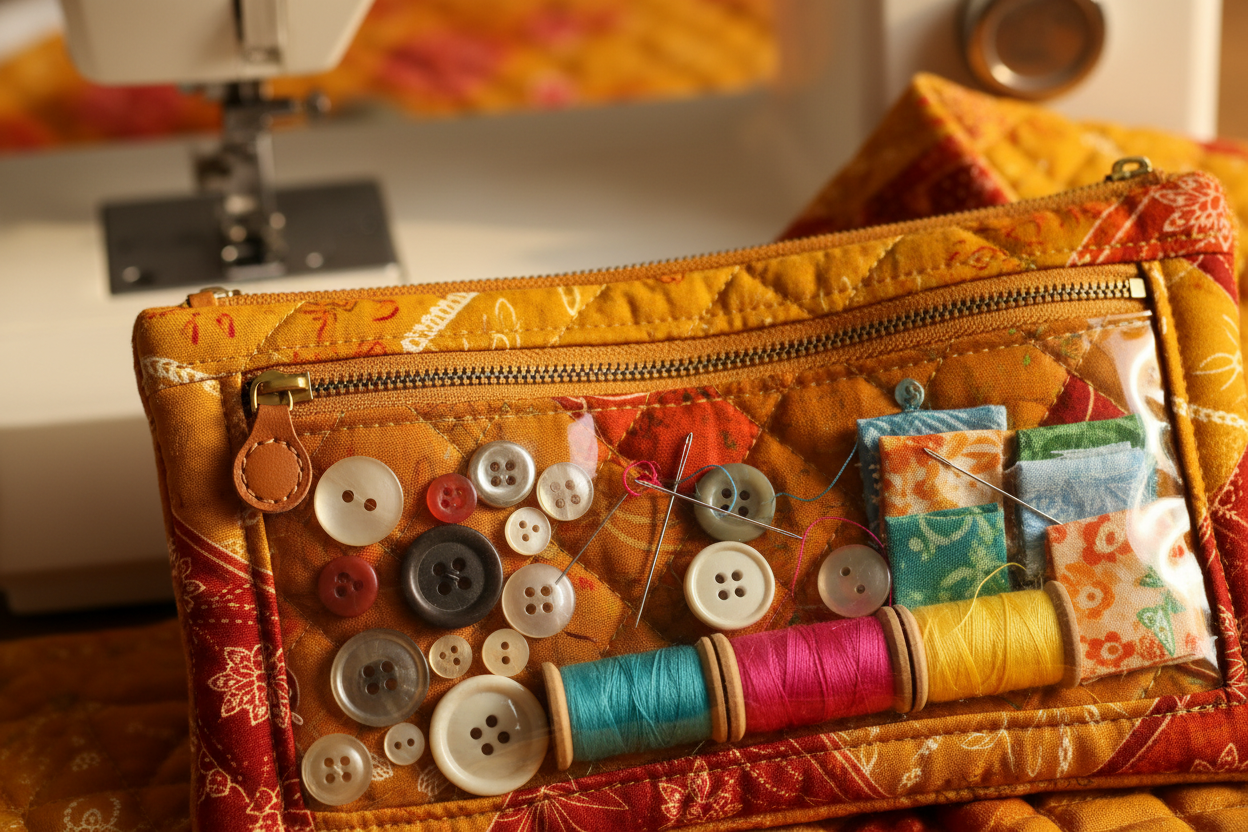 Close-up of Nightingale Zipper Case clear vinyl pockets with sewing notions