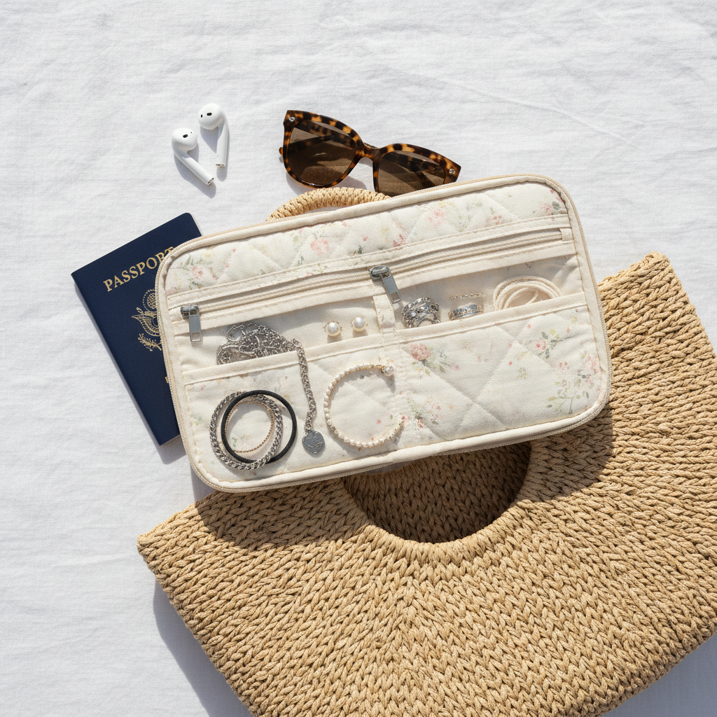 Nightingale Zipper Case packed with jewelry and accessories for travel